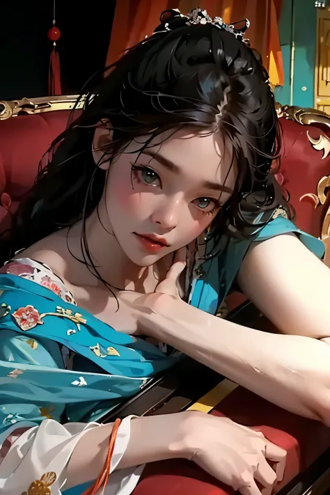 A girl, Lying on the sofa, Looks very interesting, Chinese animation style, Looks depressing, high quality, Super detailed, Crazy details, 4K