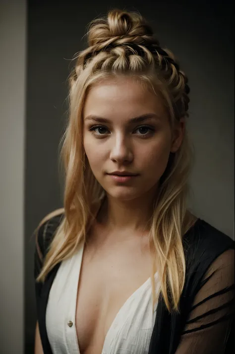 blonde woman making eye contact with hair, gathered in a bun, and dark theme