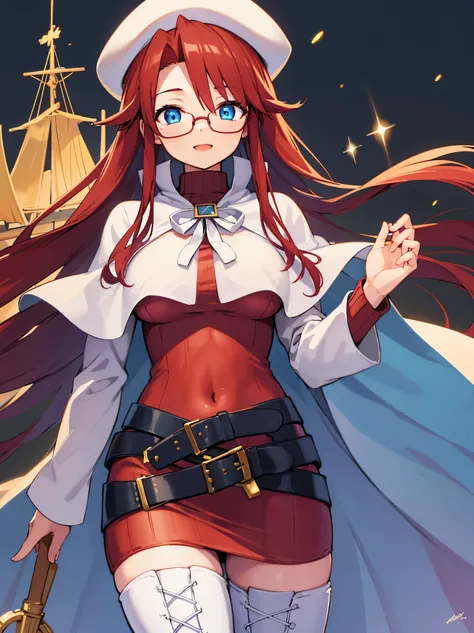 summonnightaty, aty, long hair, blue eyes, red hair, beret, hat, glasses,
BREAK long hair, thighhighs, hat, dress, boots, glasses, belt, cape, sweater, zettai ryouiki, beret, thigh boots, white footwear, ribbed sweater, loose belt,solo,
BREAK outdoors, fan...