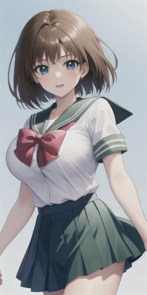 kyoko masaki、big breasts、a woman with very large breasts、anime women、solo、short hair、brown hair、green eyes、bobcut、school_uniform...