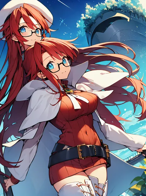 summonnightaty, aty, long hair, blue eyes, red hair, beret, hat, glasses,
BREAK long hair, thighhighs, hat, dress, boots, glasses, belt, cape, sweater, zettai ryouiki, beret, thigh boots, white footwear, ribbed sweater, loose belt,solo,
BREAK outdoors, fan...