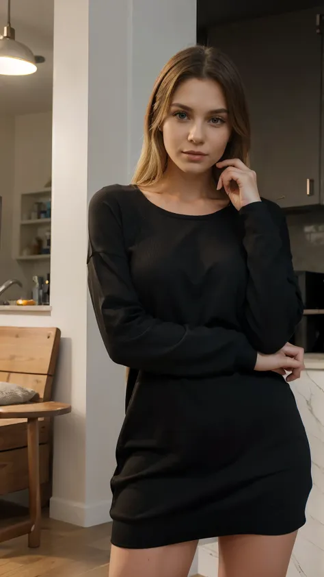 realistic blond woman, wearing a sexy knit black dress, with empty hands, one hand on her waist