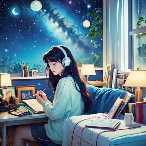 Pale anime illustration、80&#39;s、A girl is working or studying in her room at night while listening to music with earphones。The starry sky is spreading out from the window。