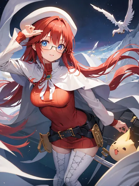 summonnightaty, aty, long hair, blue eyes, red hair, beret, hat, glasses,
BREAK long hair, thighhighs, hat, dress, boots, glasses, belt, cape, sweater, zettai ryouiki, beret, thigh boots, white footwear, ribbed sweater, loose belt,solo,
BREAK outdoors, fan...