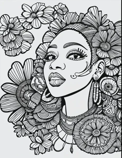 masterpiece,best quality,line art,coloring pages, hand drawn, african baddie girl(ghetto style), full background in flowers and ...