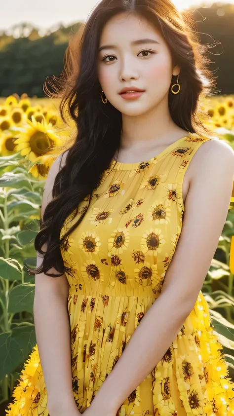 (best quality,4k,highres),close-up shoot, a cute bubbly Asian teenage girl with black curly hairs in a sunflower field, vibrant colors, detailed sunflowers, flowing dress, golden sunlight, dreamy atmosphere, natural beauty, summer vibes
