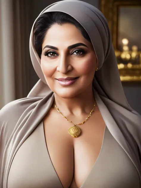 ((Realistic)) ((masterpiece)) 62 Years old, (beautiful Iranian woman face) , (high class fat lady) (curvy sexy body shape) (gorgeus eyes), wearing Wide Hijab, perfect , natural Gigantic saggy breast : 96.9, (gorgeous eyes), Soft smile, golden necklace, Bre...