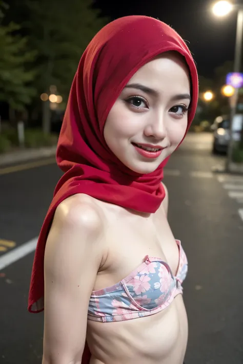 (Happy smile), (((HIJAB MALAY GIRL))), masutepiece, High quality, UHD 32K, Realistic face, Realistic skin feeling , A Japanese Lady, 8 years old, , Very cute and baby-like face, (((FLAT CHEST))), (Night time at forest), ((look In front  at the camera and S...