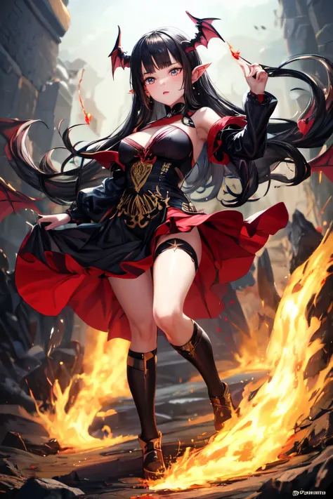 there is a succubus young woman full body black hair with a red and black dress with golden adornments on fire, com olhos azuis penetrantes, com colares dourados e correntes correntes pegando fogo e um tridente pegando fogo((melhor qualidade)), ((obra de a...