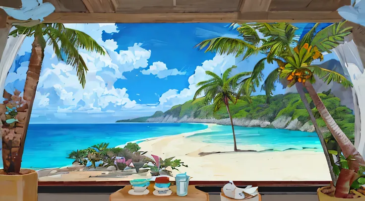 (((highest quality))), High saturation, clear, reasonable structure, Manga style, architecture, Ocean Shore, double, Hut, Palm tree, sand, Ocean, Seagull, null, sunny day, Fantasy,, Outdoor, landscape, Genuine, beautiful and amazing landscape oil painting ...