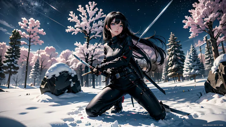 Anime girl kneeling in the snow wearing black clothes and holding a sword, Amazing anime 8k, She has a sword, Anime Style 4k, Gweiz style artwork, anime wallpaper 4k, anime wallpaper 4k, anime art wallpaper 8k, 4k anime wallpaper, anime art wallpaper 4k, a...