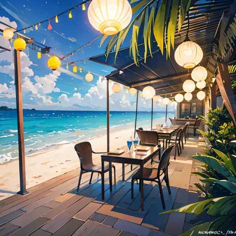 the beach at nine o&#39;night clock，small outdoor seaside restaurant，there are several colorful lights，plant，shell，beach，stone，a...