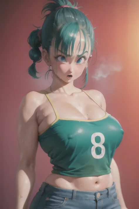 Bulma，RAW photos，best quality，masterpiece， 8k wallpaper，Very detailed，high resolution, Very detailed, Upper body, (sweat:1)，Curvy figure