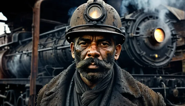 Cinematic Portrait render of gritty Steam Locomotive, dark tones with dramatic light and shadow, front view of Steam Locomotive worker in filthy oil-stained clothing, face creased with strain and grime from back-breaking labor, photorealism, 1910s industri...