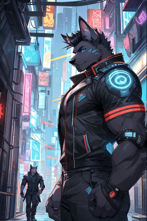 perfect face, bara furry, dog man, big body, black skin, short quiff black hair, blue eyes, perfect eyes, big dog ears, handsome, cyberpunk, in city street