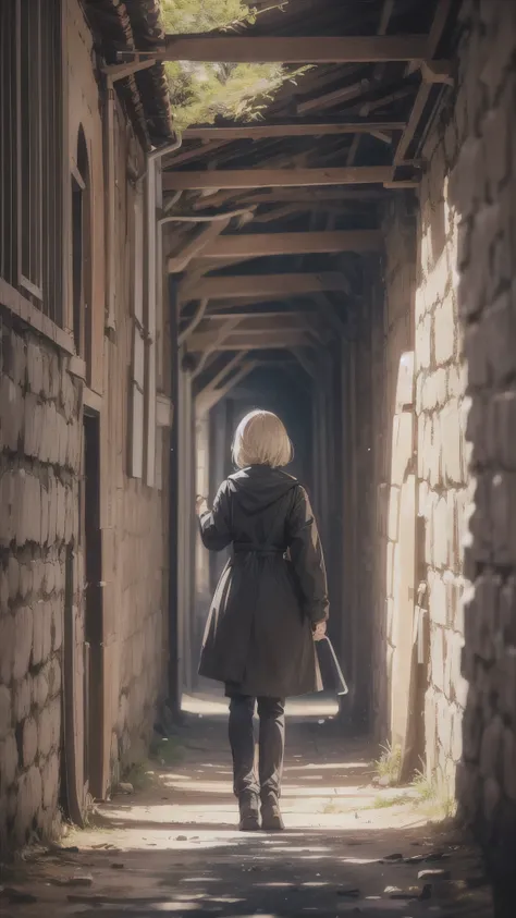 Inside the long and dark cave,((there are many pipes of the wall and ceiling)),(one 20 years old woman,short blonde hair),(woman close up),standing on the cave