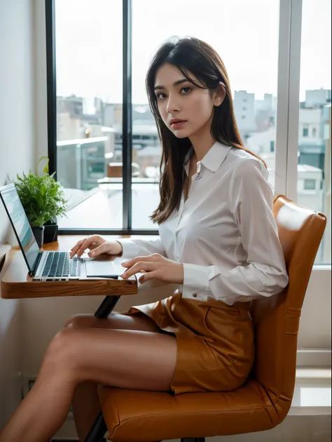 (8k, highest quality, ultra detailed:1.37), (Ecce), 18yo, (a stylish young Turkish woman), sit down in chair and focus with laptop, wearing safari , paired with fashionable accessories. The high-resolution image captures ultra-detailed realism, highlightin...