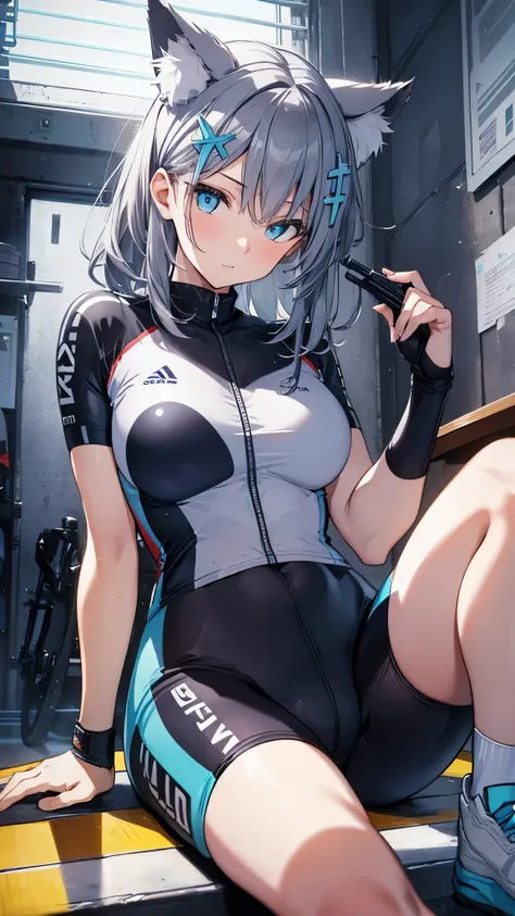 (upper body:1.3),sitting,(wariza:1.5),shiroko, animal ears, blue eyes, grey hair, hair ornament, hairpin, halo, medium hair, wol...