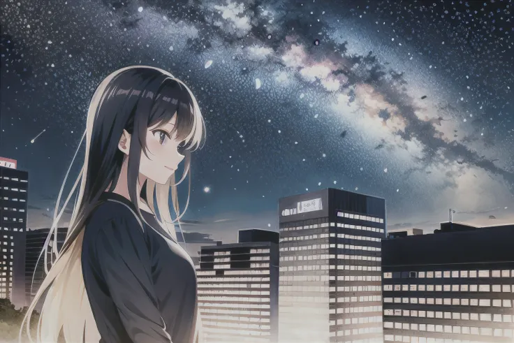 octans, sky, star (sky), scenery, starry sky, night, 1girl, night sky, solo, outdoors, signature, building, cloud, milky way, sitting, tree, long hair, city, silhouette, cityscape