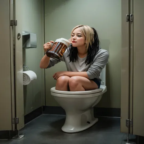 woman sitting on toilet drinking beer in public restroom with toilet paper, Sitting on the toilet, drinking a beer, drinking beer, In the bathroom, gaming toilet, Use your gaming chair as a toilet, candid portrait photo, Sitting on a porcelain throne, begi...