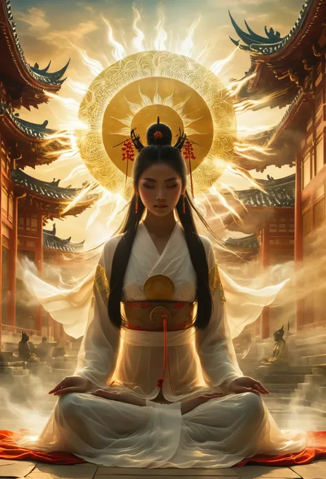  Photography of Amaterasu set against a grand palace backdrop, enveloped in a fantastical and dreamlike ambiance that merges Japanese myth with surreal and ethereal elements. The high-resolution photo captures the divine beauty of Amaterasu, the sun goddes...