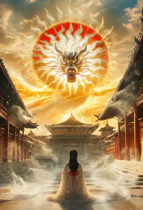 photography of amaterasu set against a grand palace backdrop, enveloped in a fantastical and dreamlike ambiance that merges japa...