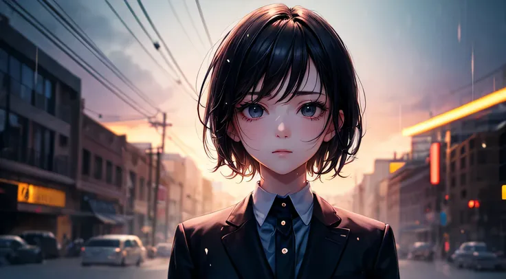 woman　1 person　Cute face　Black Hair　short hair　Sad look　In a suit　Upper body depiction　night　Neon Light　rain　Perfect facial expression　Perfect hair description