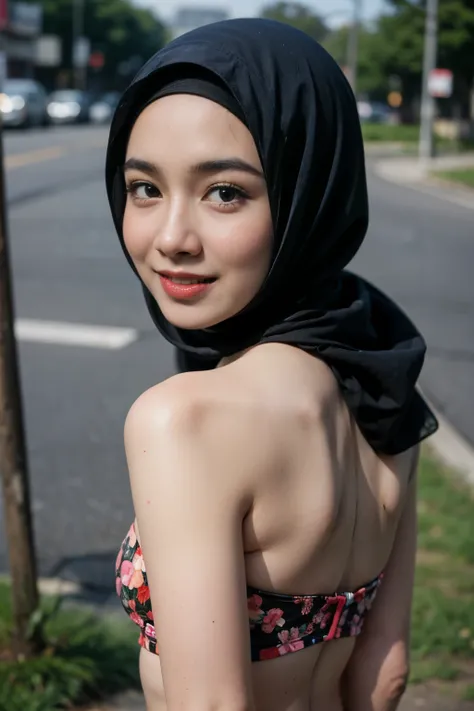 (Happy smile), (((HIJAB MALAY GIRL))), masutepiece, High quality, UHD 32K, Realistic face, Realistic skin feeling , A Japanese Lady, 8 years old, , Very cute and baby-like face, (((FLAT CHEST))), (Night time at forest), ((look In front  at the camera and S...