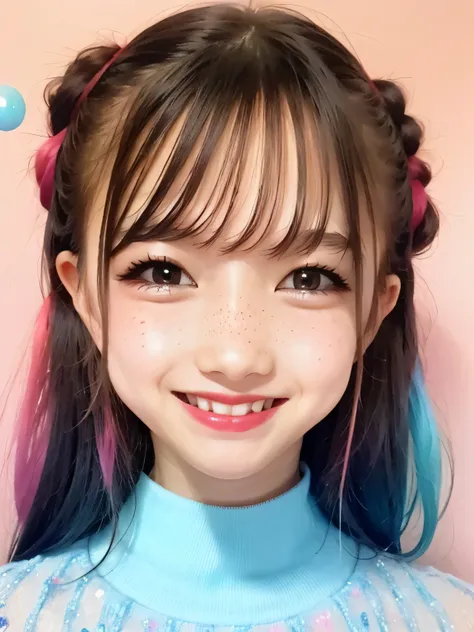 beautiful and cute naughty girl, very detailed, cotton candy curls, candy freckles, bright makeup, holographic transparent candy...