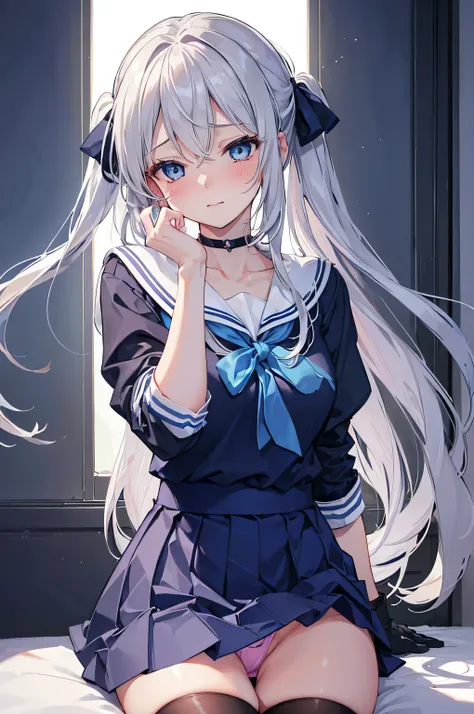 (8K, highest quality, masterpiece:1.2),(Blue colored eyes),((Clothing Details)),High-definition CG Unity 8K, concentrated, Realistic, Shadow, Soft lighting, Gray Hair, Flutter Hair, nice, A gentle smile, Sailor suit,　Blue Skirt、Long sleeve, ribbon, gloves,...