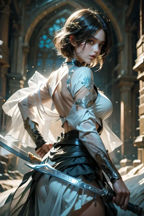 crystallineAI、Holding a sword、Ultra-high resolution、((masterpiece)))、(((highest quality)))、((Super detailed))、((Very delicate and beautiful))、Low angle shooting、1 girl、solo、short hair、(whole body)、A tense shot、Visual Impact、Pleated skirt、Realistic Face、Rea...