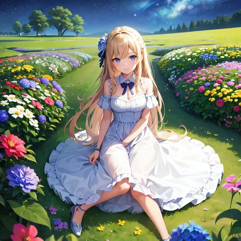 highest quality, expensive_solve, clear_image, Detailed Background, girl, flower, garden, Starry Sky,