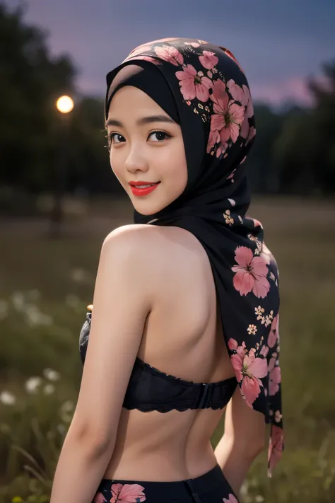 (Happy smile), (((HIJAB MALAY GIRL))), masutepiece, High quality, UHD 32K, Realistic face, Realistic skin feeling , A Japanese Lady, 8 years old, , Very cute and baby-like face, (((FLAT CHEST))), (Night time at forest), ((look In front  at the camera and S...