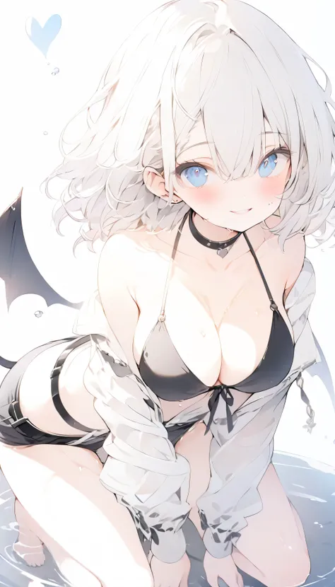 highest quality)), ((masterpiece)),Perfect Face((highest quality)）cute,beautiful girl,Pure white hair,bangs,Medium Hair、Blue Eyes.Alone,smile,Cute, Short Hair、Beautiful eyes,Healthy Body、Beautiful breasts、8K、wallpaper、belt、bikini、Chest Band、Rib Band、Devil&...