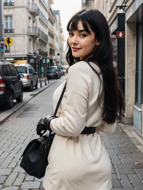 proFessional portrait photograph oF a gorgeous Smiling Bettie page  girl in winter clothing with long wavy Black hair, sultry Flirty look, gorgeous symmetrical Face, joli maquillage naturel, wearing elegant warm winter Fashion clothing, black leather glove...