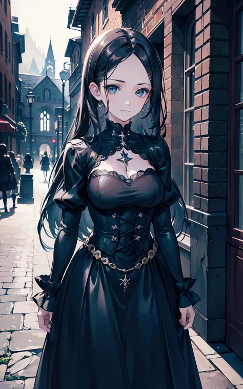 (Emmy Rossum:Evangeline Lilly) An ultra detailed, a beautiful goth girl with long straight hair in a short black dress is walking through a gothic city, moonlight, gothic fashion, dark fantasy style, hyper realistic, realism, digital art, cinematic, perfec...