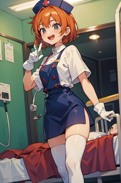 1girl, solo, nurse, nurse cap, white nurse uniform, ((white legwear, zettai ryouiki)), white gloves, very short hair, orange hair, smile, open mouth, standing, ((hospital room)), sharp outline, short sleeves, tomboy, boyish, best quality, masterpiece