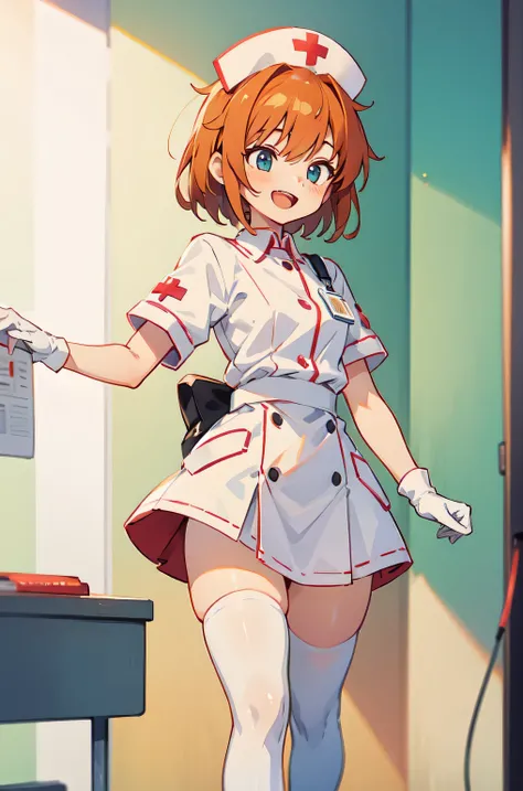 1girl, solo, nurse, nurse cap, white nurse uniform, ((white legwear, zettai ryouiki)), white gloves, very short hair, orange hair, smile, open mouth, standing, ((hospital room)), sharp outline, short sleeves, tomboy, boyish, best quality, masterpiece