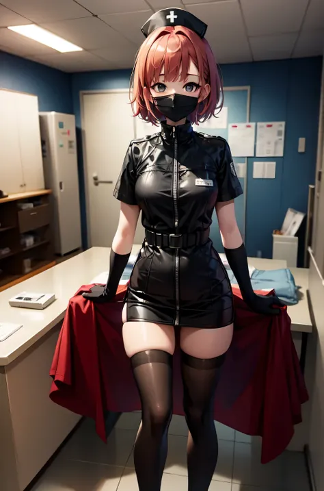 black nurse, 1girl, solo, black nurse cap, black nurse uniform, ((black legwear, zettai ryouiki)), black elbow gloves, very short hair, orange hair, ((black surgical mask, covered nose)), standing, ((surgery room)), sharp outline, short sleeves, tomboy, bo...