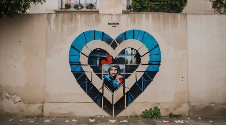  Muro(parede antiga) em uma Rua vazia(((Paris))), deserta, com Outdoor(((sad torn hearts)))