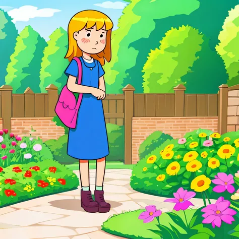 Sad cartoon girl weare bag and stand in garden