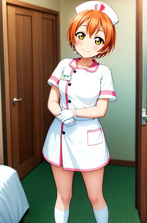 rin hoshizora, short hair, orange hair, yellow eyes, small breasts, solo, nurse, ((white nurse cap, white nurse's outfit)), ((wh...