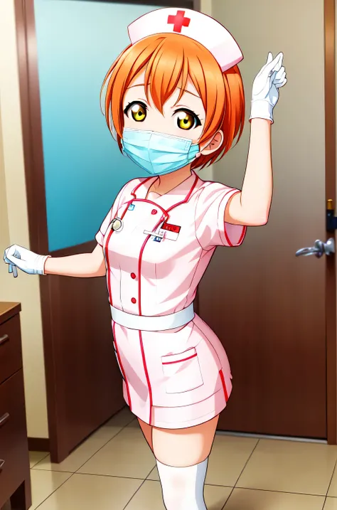 rin hoshizora, short hair, orange hair, yellow eyes, small breasts, solo, nurse, ((white nurse cap, white nurses outfit)), ((white legwear, zettai ryouiki)), white gloves, ((white surgical mask, covered nose)), standing, hospital room, sharp outline, short...
