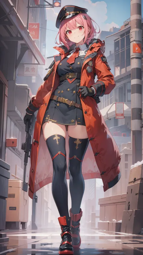 (best quality:1.3), (masterpiece:1.3), (illustration:1.3), (ultra-detailed:1.3), ((Best quality)), 1girl, pink hair, small breasts, looking at viewer, solo, holster, thigh strap, red coat, smile, military, hair ornament, futiyaCB, black jacket, gloves, boo...