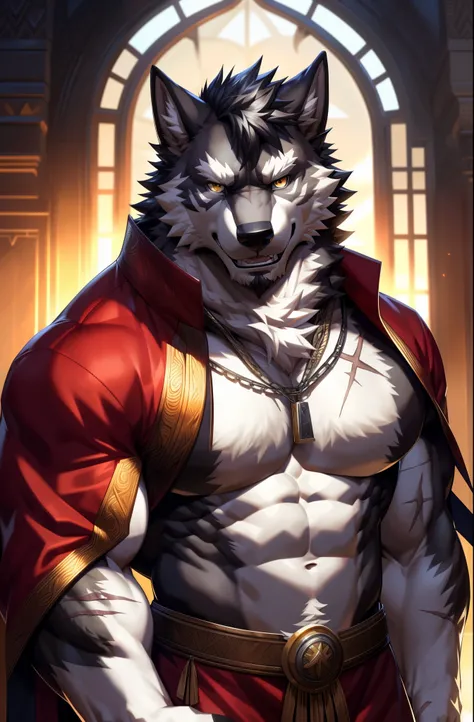 solo, anthro, furry, furry male, wolf, old looking male, mature adult, ((fluffy fur, fluffy, furry body)), (wolf print), golden eyes, hair tuft, short hair, (dark gray body, black body, muscles), wolf tail, ((black hair)), (gray muzzle, white forearms), de...