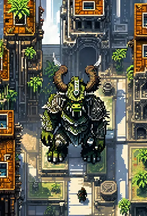 a picture taken from a video game of a giant creature in a city, pixel art by Kubisi art, Artstation contest winner, pixel art, beautiful detailed pixel art, detailed pixel artwork, detailed pixel art, 2 d digital video game art, ultra detailed game art, v...