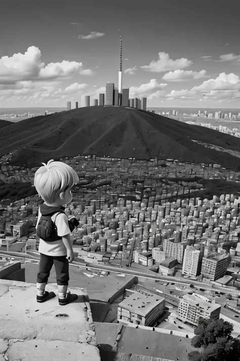 garoto em cima de um telhado observando a cidade cheia de predios ao anoitecer, black and white image, lineart style