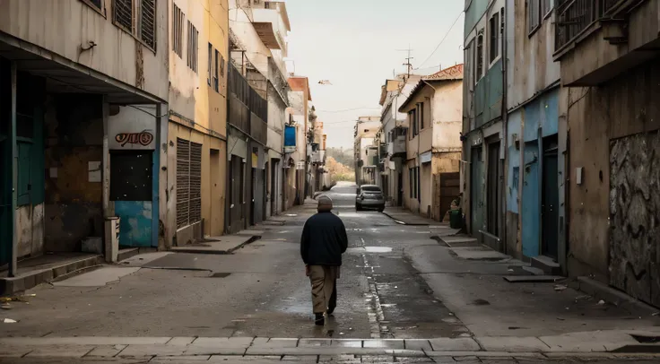 "A old men passing by a deserted street in Estácio, Rio de Janeiro, with a mural (old wall) depicting torn hearts on an outdoor billboard. (best quality, highres), with ultra-detailed and realistic portrayal, showcasing the vibrant colors and bokeh effect....