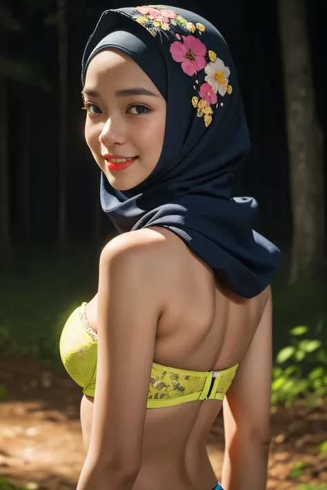 Lace, (Happy smile), (((HIJAB MALAY GIRL))), masutepiece, High quality, UHD 32K, Realistic face, Realistic skin feeling , A Japanese Lady, 8 years old, , Very cute and baby-like face, (((FLAT CHEST))), (Night time at forest), ((look In front  at the camera...