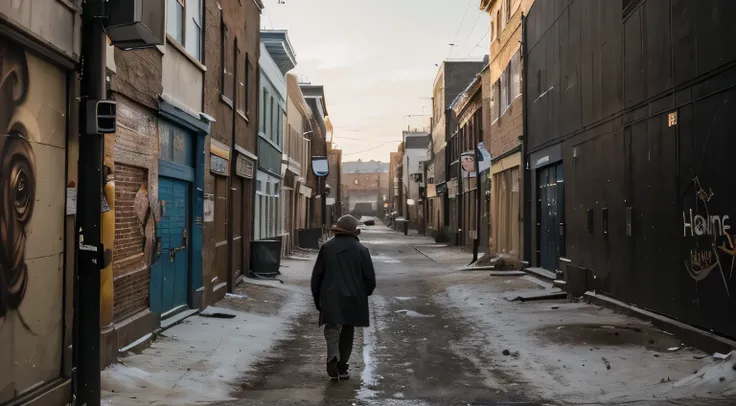 "A old men passing by a deserted street in Penny Lane, Liverpool, with a mural (old wall) depicting torn hearts on an outdoor billboard. (best quality, highres), with ultra-detailed and realistic portrayal, showcasing the vibrant colors and bokeh effect. T...